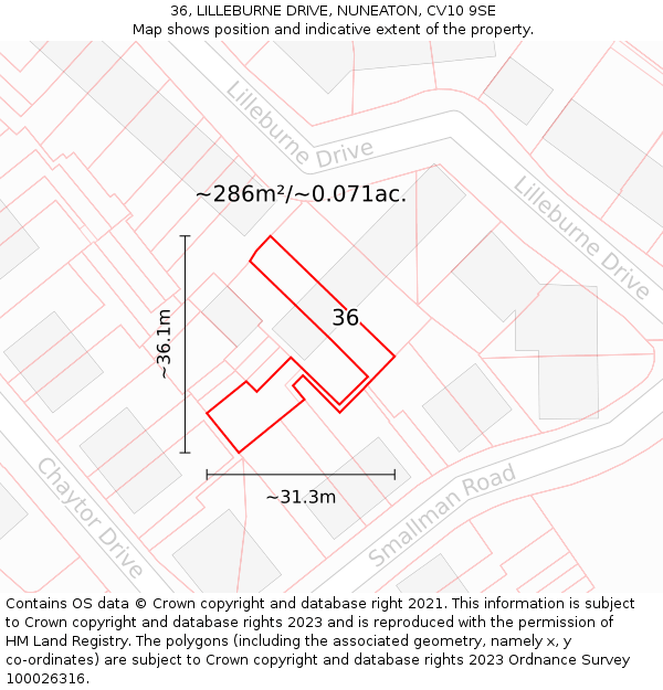 36, LILLEBURNE DRIVE, NUNEATON, CV10 9SE: Plot and title map