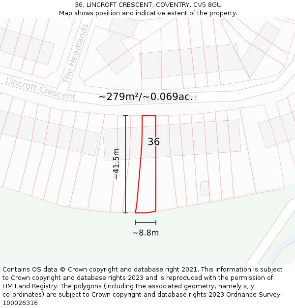 36, LINCROFT CRESCENT, COVENTRY, CV5 8GU: Plot and title map