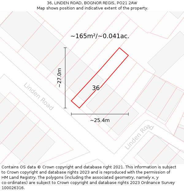 36, LINDEN ROAD, BOGNOR REGIS, PO21 2AW: Plot and title map
