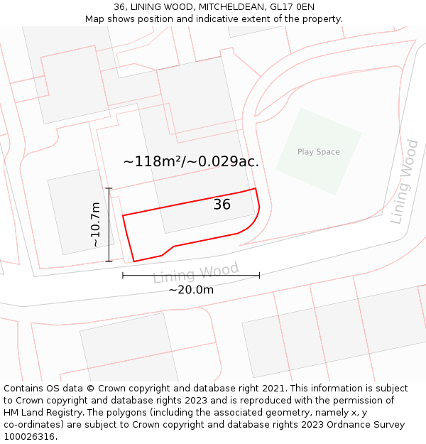 36, LINING WOOD, MITCHELDEAN, GL17 0EN: Plot and title map
