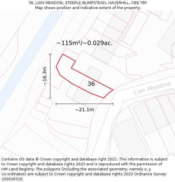 36, LION MEADOW, STEEPLE BUMPSTEAD, HAVERHILL, CB9 7BY: Plot and title map