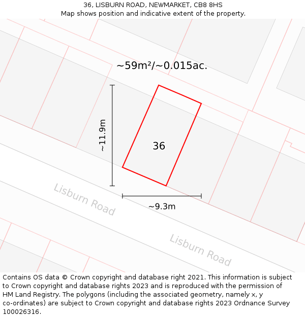 36, LISBURN ROAD, NEWMARKET, CB8 8HS: Plot and title map