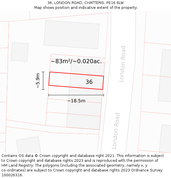 36, LONDON ROAD, CHATTERIS, PE16 6LW: Plot and title map