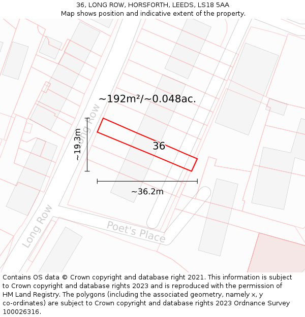 36, LONG ROW, HORSFORTH, LEEDS, LS18 5AA: Plot and title map