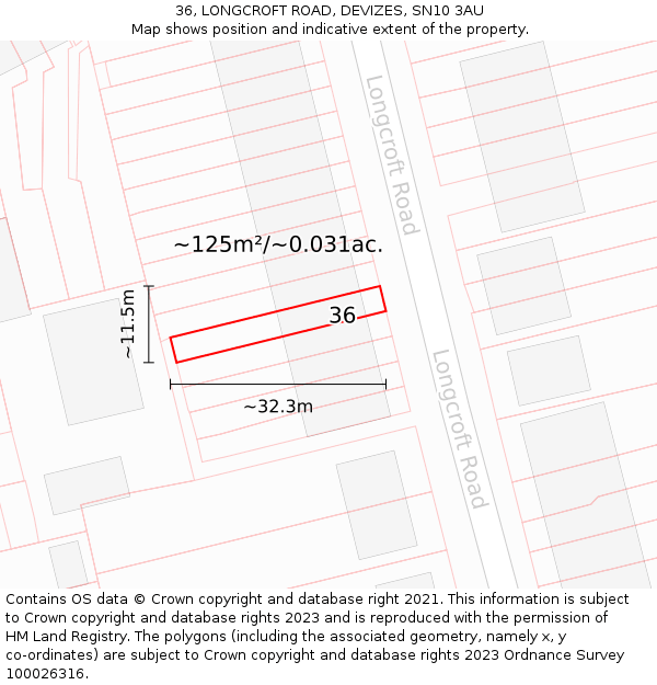 36, LONGCROFT ROAD, DEVIZES, SN10 3AU: Plot and title map