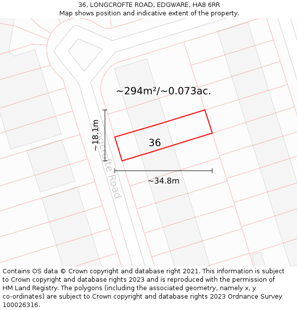 36, LONGCROFTE ROAD, EDGWARE, HA8 6RR: Plot and title map