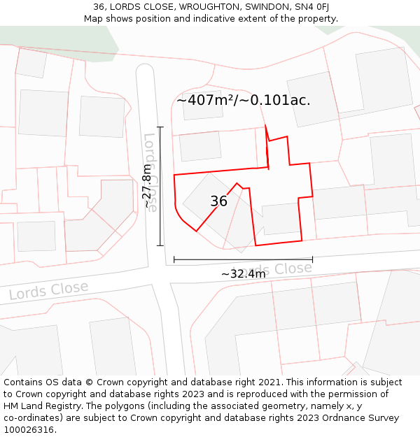 36, LORDS CLOSE, WROUGHTON, SWINDON, SN4 0FJ: Plot and title map