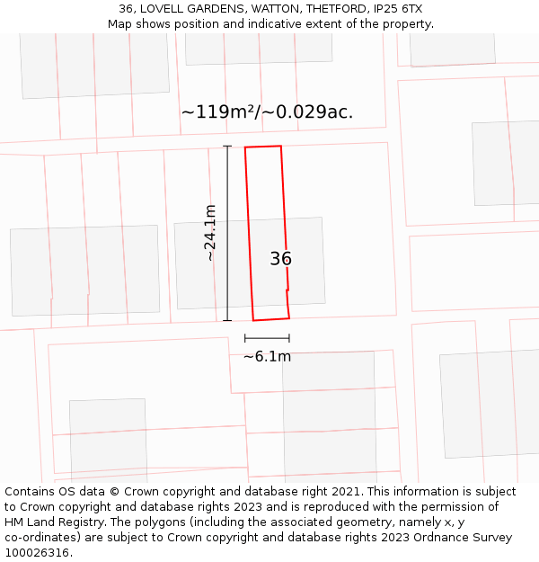 36, LOVELL GARDENS, WATTON, THETFORD, IP25 6TX: Plot and title map
