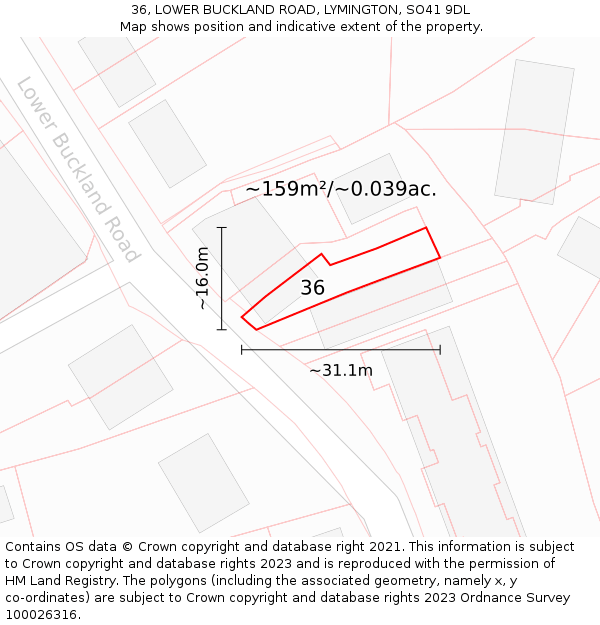 36, LOWER BUCKLAND ROAD, LYMINGTON, SO41 9DL: Plot and title map