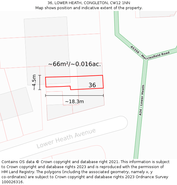 36, LOWER HEATH, CONGLETON, CW12 1NN: Plot and title map