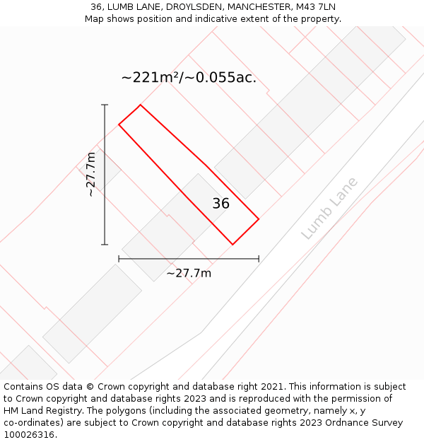36, LUMB LANE, DROYLSDEN, MANCHESTER, M43 7LN: Plot and title map