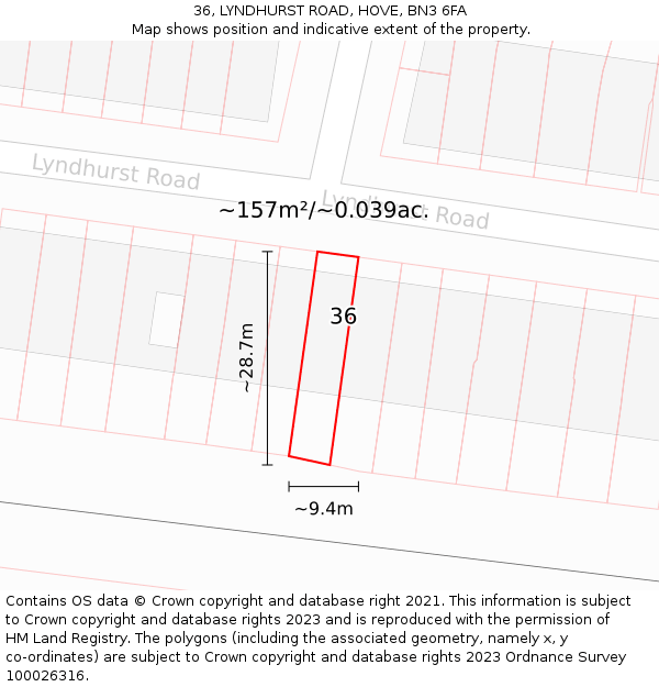 36, LYNDHURST ROAD, HOVE, BN3 6FA: Plot and title map