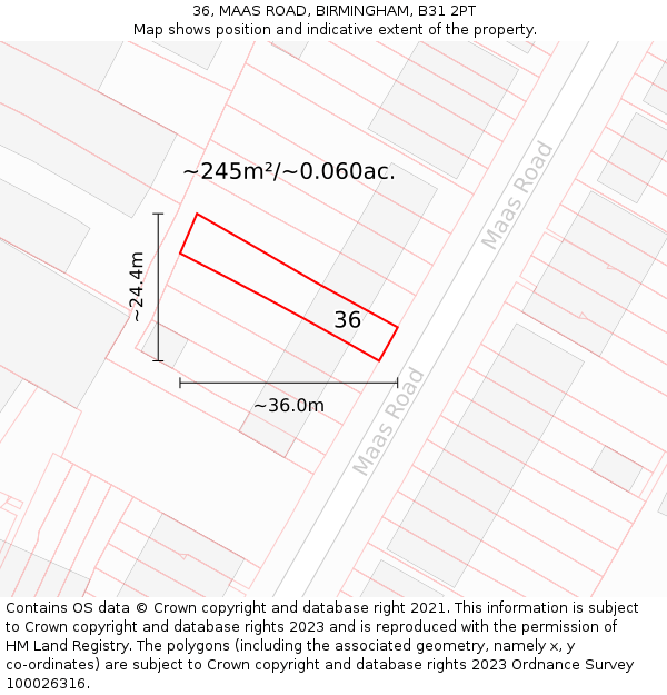 36, MAAS ROAD, BIRMINGHAM, B31 2PT: Plot and title map