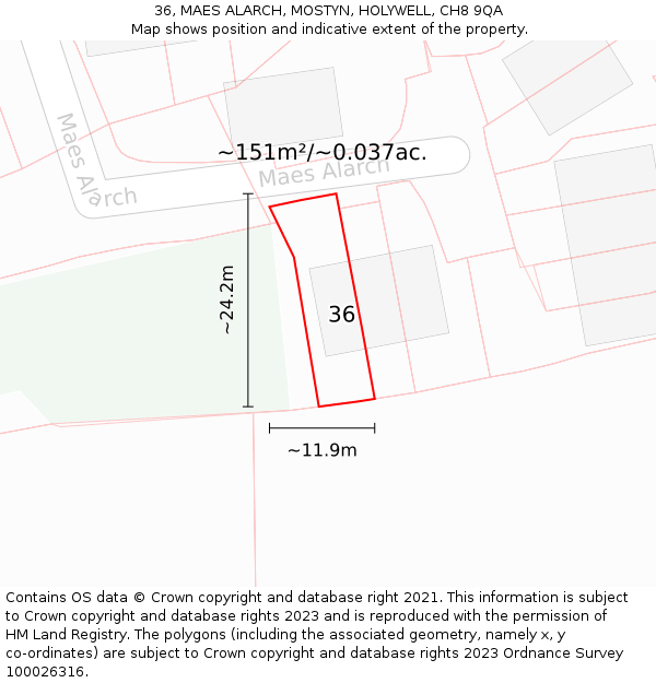 36, MAES ALARCH, MOSTYN, HOLYWELL, CH8 9QA: Plot and title map