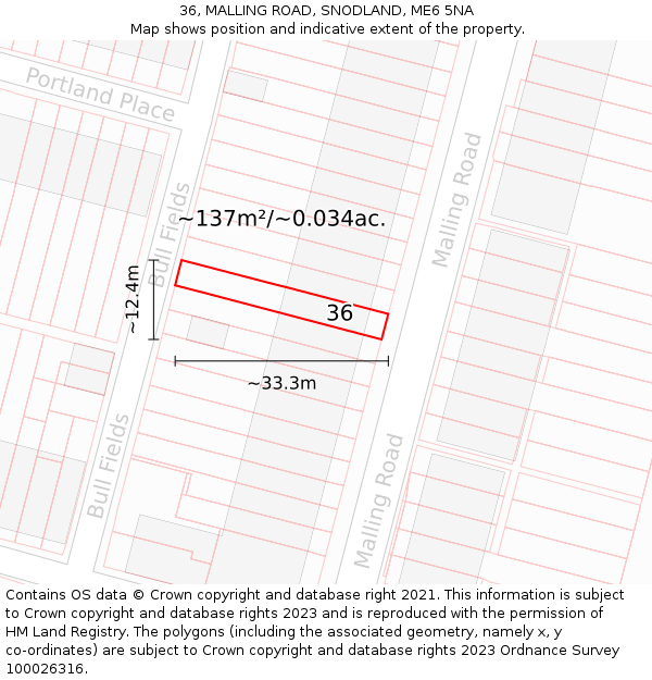36, MALLING ROAD, SNODLAND, ME6 5NA: Plot and title map