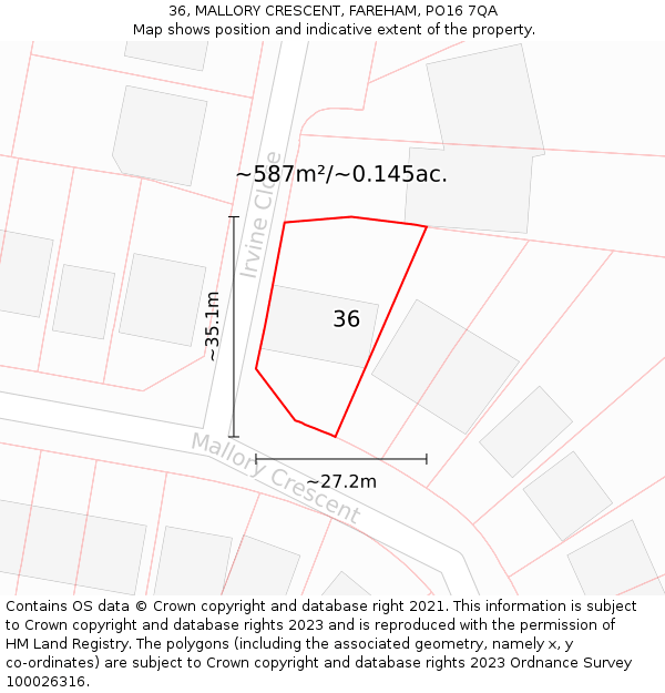 36, MALLORY CRESCENT, FAREHAM, PO16 7QA: Plot and title map
