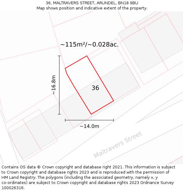36, MALTRAVERS STREET, ARUNDEL, BN18 9BU: Plot and title map