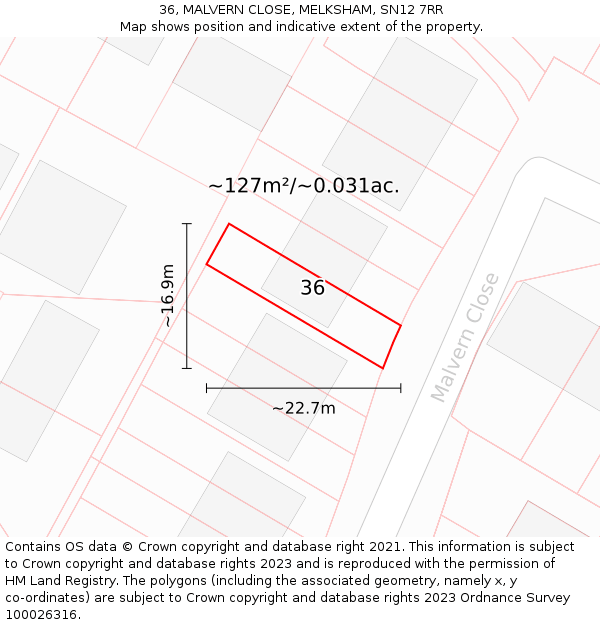 36, MALVERN CLOSE, MELKSHAM, SN12 7RR: Plot and title map