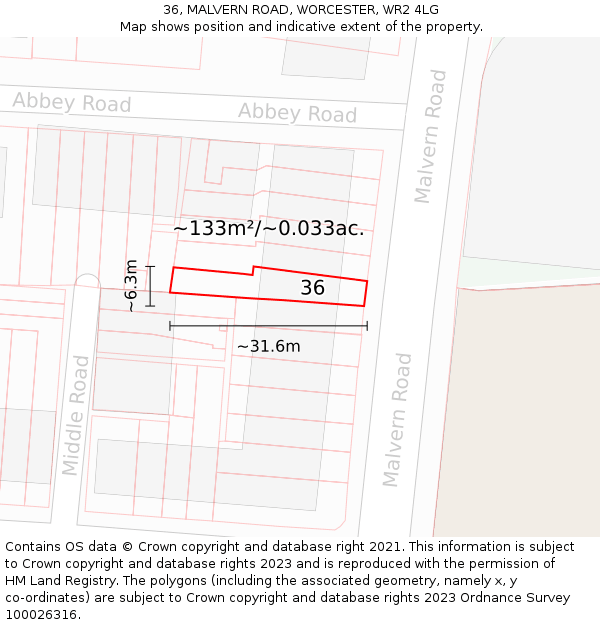 36, MALVERN ROAD, WORCESTER, WR2 4LG: Plot and title map