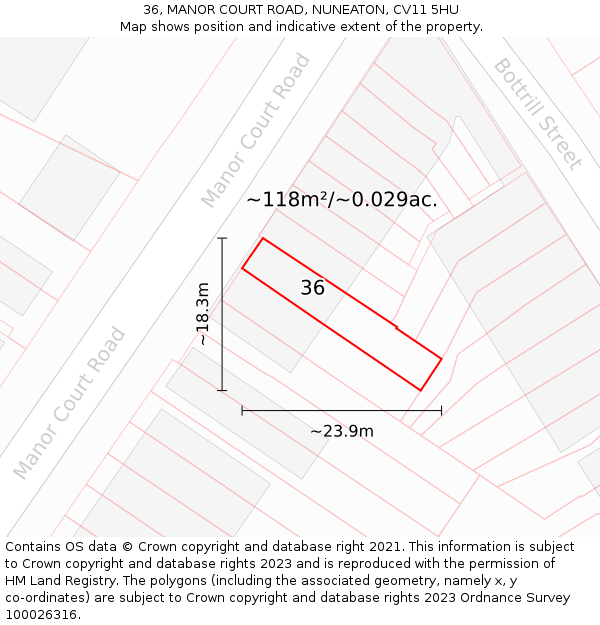 36, MANOR COURT ROAD, NUNEATON, CV11 5HU: Plot and title map