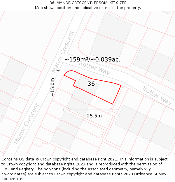 36, MANOR CRESCENT, EPSOM, KT19 7EF: Plot and title map