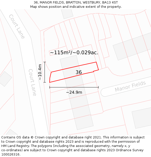 36, MANOR FIELDS, BRATTON, WESTBURY, BA13 4ST: Plot and title map