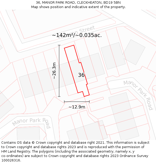 36, MANOR PARK ROAD, CLECKHEATON, BD19 5BN: Plot and title map