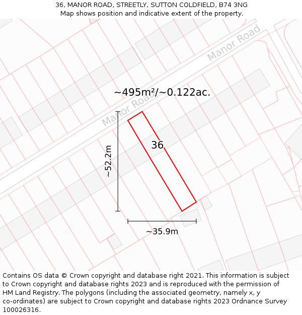 36, MANOR ROAD, STREETLY, SUTTON COLDFIELD, B74 3NG: Plot and title map