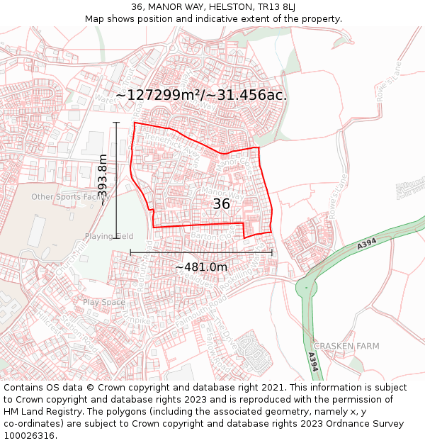 36, MANOR WAY, HELSTON, TR13 8LJ: Plot and title map