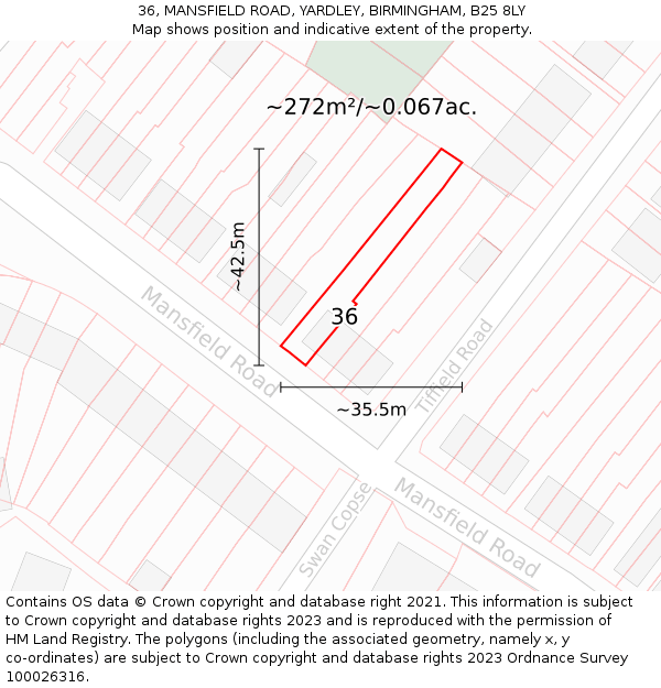 36, MANSFIELD ROAD, YARDLEY, BIRMINGHAM, B25 8LY: Plot and title map