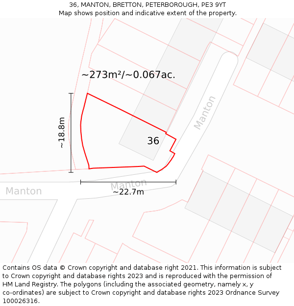 36, MANTON, BRETTON, PETERBOROUGH, PE3 9YT: Plot and title map