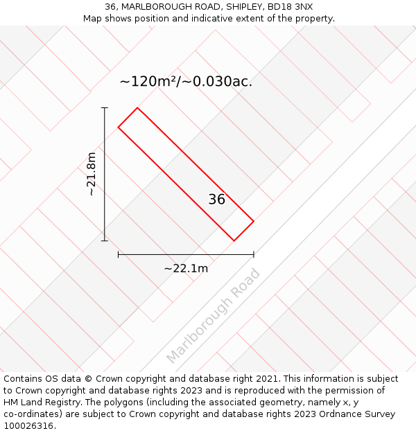 36, MARLBOROUGH ROAD, SHIPLEY, BD18 3NX: Plot and title map