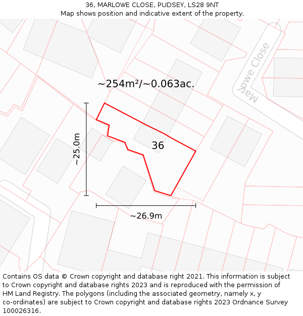 36, MARLOWE CLOSE, PUDSEY, LS28 9NT: Plot and title map
