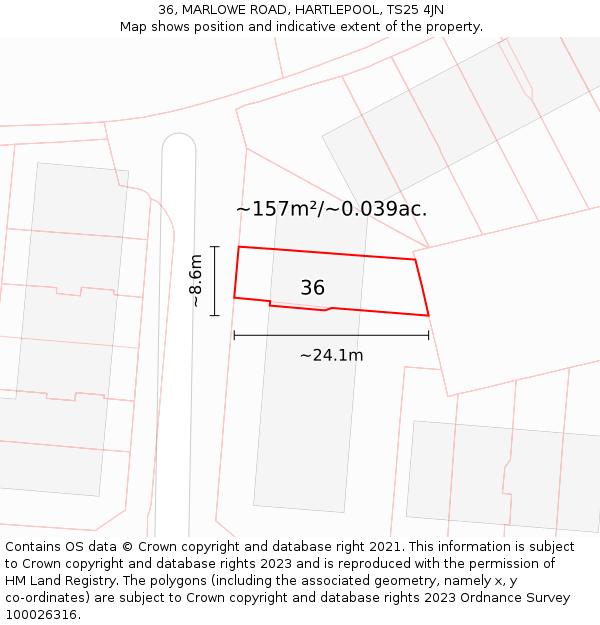36, MARLOWE ROAD, HARTLEPOOL, TS25 4JN: Plot and title map