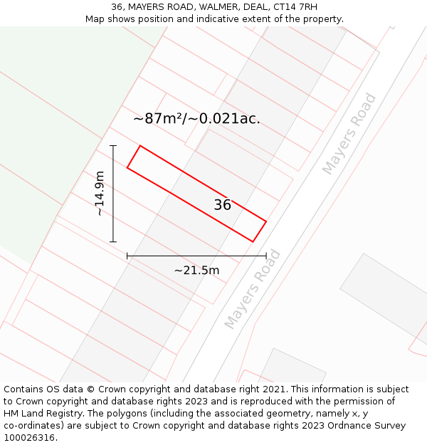 36, MAYERS ROAD, WALMER, DEAL, CT14 7RH: Plot and title map