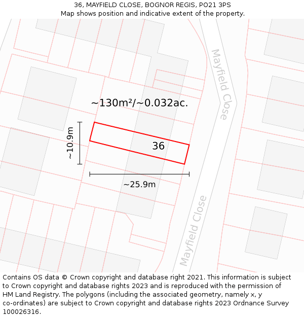 36, MAYFIELD CLOSE, BOGNOR REGIS, PO21 3PS: Plot and title map