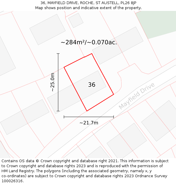 36, MAYFIELD DRIVE, ROCHE, ST AUSTELL, PL26 8JP: Plot and title map