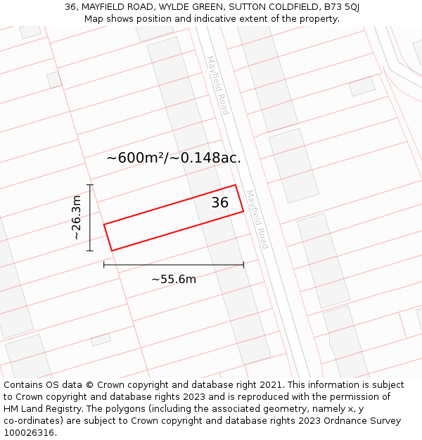 36, MAYFIELD ROAD, WYLDE GREEN, SUTTON COLDFIELD, B73 5QJ: Plot and title map