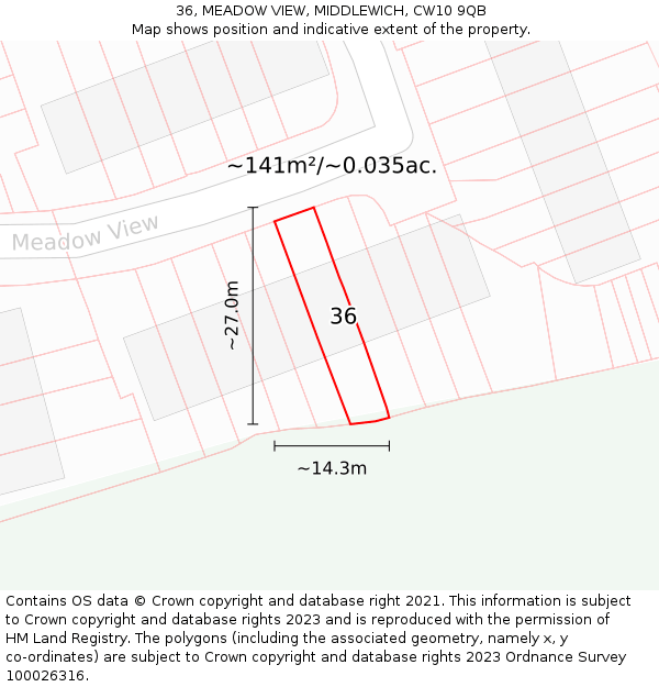 36, MEADOW VIEW, MIDDLEWICH, CW10 9QB: Plot and title map