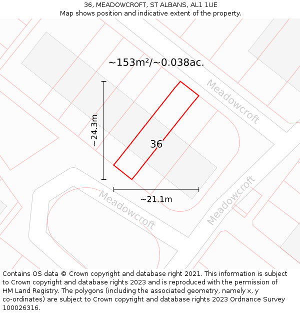 36, MEADOWCROFT, ST ALBANS, AL1 1UE: Plot and title map