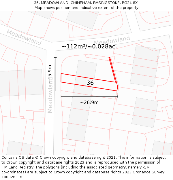 36, MEADOWLAND, CHINEHAM, BASINGSTOKE, RG24 8XL: Plot and title map