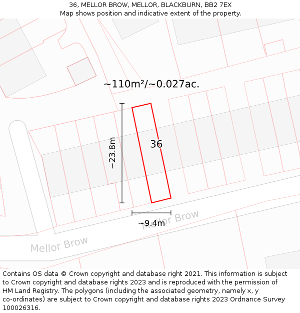 36, MELLOR BROW, MELLOR, BLACKBURN, BB2 7EX: Plot and title map