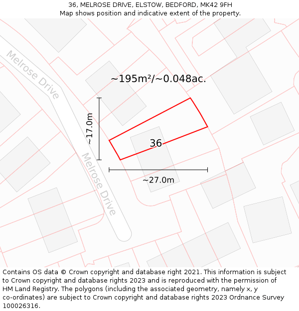 36, MELROSE DRIVE, ELSTOW, BEDFORD, MK42 9FH: Plot and title map