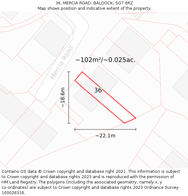 36, MERCIA ROAD, BALDOCK, SG7 6RZ: Plot and title map