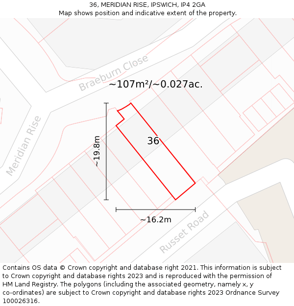 36, MERIDIAN RISE, IPSWICH, IP4 2GA: Plot and title map