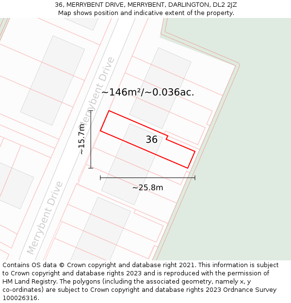 36, MERRYBENT DRIVE, MERRYBENT, DARLINGTON, DL2 2JZ: Plot and title map