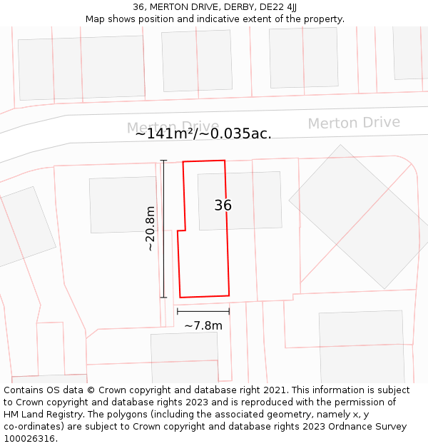 36, MERTON DRIVE, DERBY, DE22 4JJ: Plot and title map