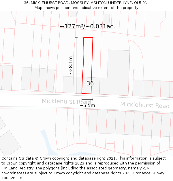 36, MICKLEHURST ROAD, MOSSLEY, ASHTON-UNDER-LYNE, OL5 9NL: Plot and title map