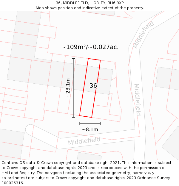 36, MIDDLEFIELD, HORLEY, RH6 9XP: Plot and title map