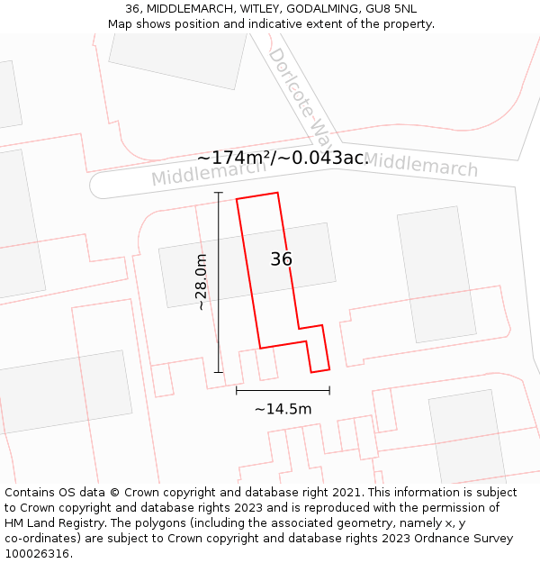 36, MIDDLEMARCH, WITLEY, GODALMING, GU8 5NL: Plot and title map